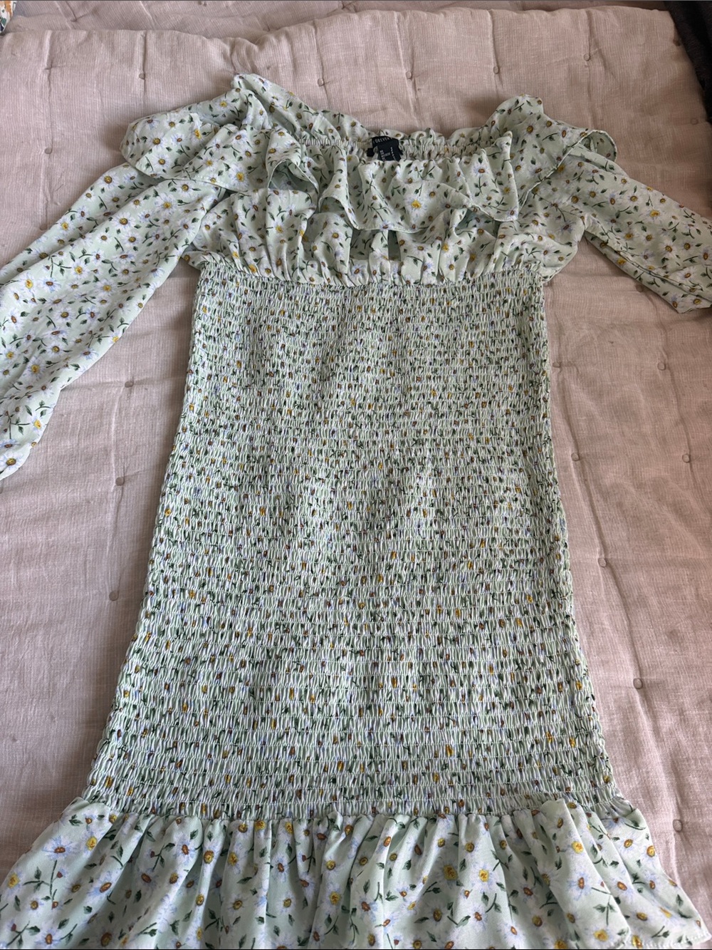 Forever 21 Mint Green Floral Smocked Off-Shoulder Dress
